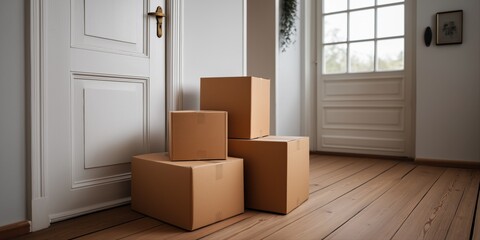 Cardboard boxes stacked in modern entryway with wooden floor and white door
