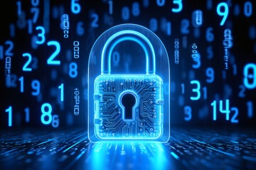 An illustration of a digital key securing a laptop's web privacy with a binary code padlock icon representing data protection