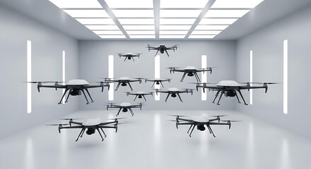 A collection of drones hovering in a bright white room with illuminated ceiling and wall panels ai generated
