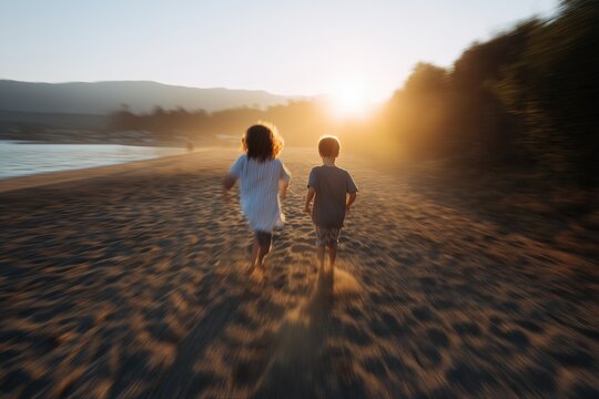Children running on sandy beach at sunset - Powered by Adobe