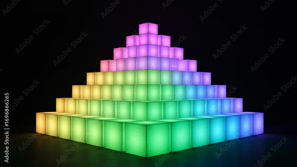 Poster glowing neon cube pyramid - a pyramid structure composed of numerous colorful neon cubes illuminates