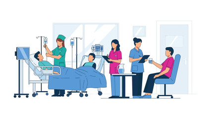 Caring Hospital Ward: A serene view of a modern hospital ward reveals dedicated health professionals providing exceptional care to patients.