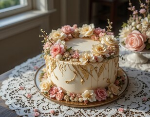Elegant floral cake adorned with delicate roses and golden accents, perfect for celebrations.