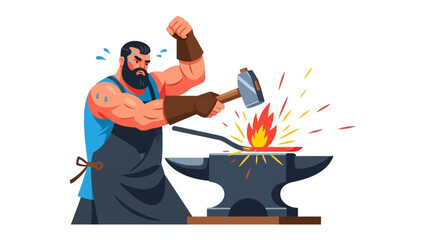 Crafting Steel: A strong blacksmith, focused on their craft, forges metal with a hammer and anvil, the fiery glow of the forge illuminating their determined face.