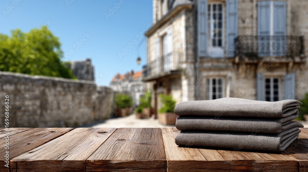Poster softly textured gray fabric is folded on a wooden table with charming old architecture and greenery 