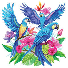Obraz premium Three Blue Macaws Among Pink Flowers and Greenery on White Background parrot bird