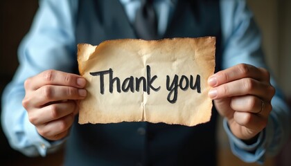 Man in suit holds old paper with handwritten Thank you message. Businessman expresses gratitude with a personal note. This gesture signifies appreciation and good customer service in business context.