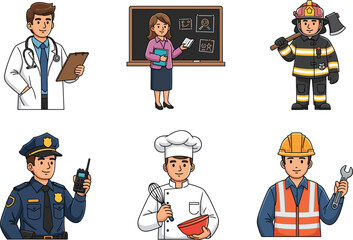 Cartoon illustration of various professions including doctor, teacher, firefighter, police, chef, engineer, ideal for career, education, and occupation content.