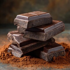 A stack of dark chocolate squares on a bed of cocoa powder close up