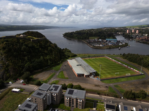 An aerial view of the Dumbarton Football Stadium in West Dunbartonshire, Scotland