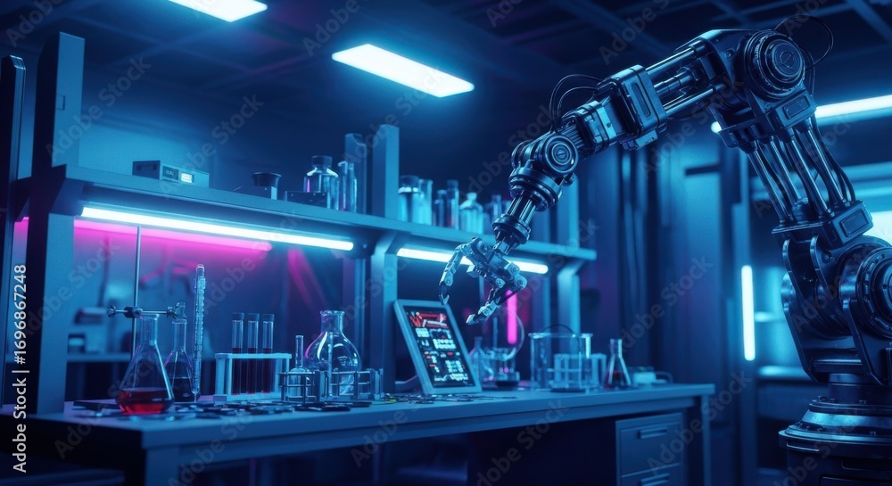 Poster futuristic robotics lab with neon lights and advanced machinery