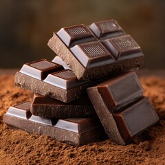 A stack of dark chocolate squares on a bed of cocoa powder closeup