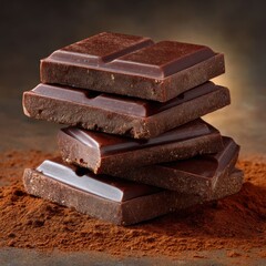 A stack of dark chocolate squares on a surface dusted with cocoa