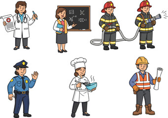 Cartoon professions characters including doctor, teacher, firefighter, police officer, chef, and construction worker, ideal for education, jobs, and career visuals.