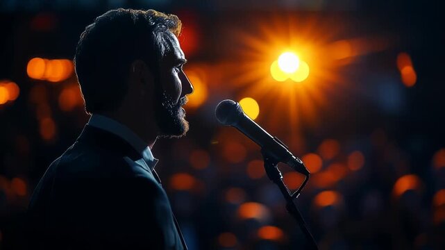 A man passionately singing into a microphone on stage, illuminated by vibrant spotlighting, with an audience in soft focus