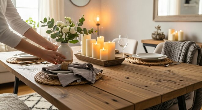 Woman arranging decorative bird on dining table, setting out plates for meal prep. Home decor and domestic scene.