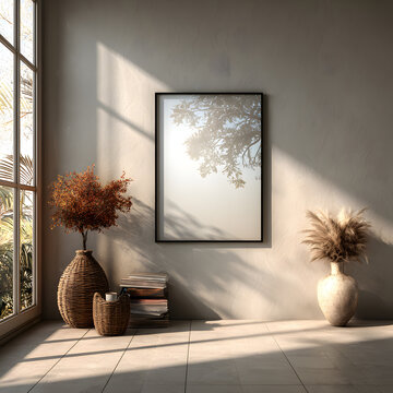 Frame mockup, ISO A paper size. Living room wall poser mockup. Interior mockupwith house background. Modrn interior design. 3D rener