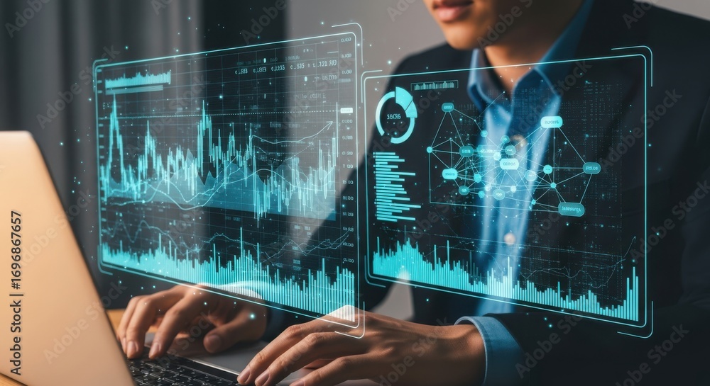 Poster futuristic digital data analysis with person using laptop