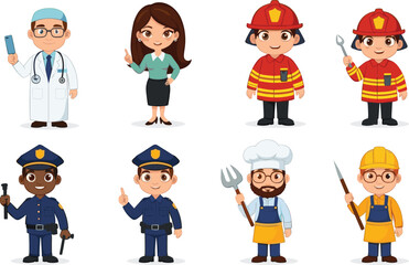 Cute cartoon characters of various professions including doctor, teacher, firefighter, police officer, chef, and construction worker set