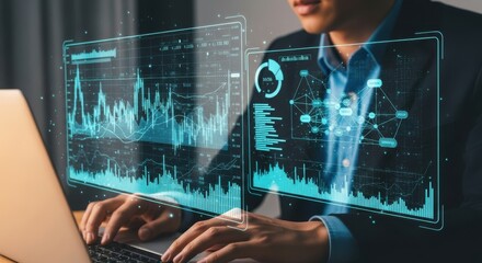 Futuristic digital data analysis with person using laptop