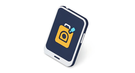A phone displaying a yellow bag with a blue tag on a dark blue screen isolated on a white background ai generated