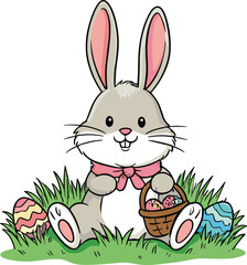 Cute Easter bunny with colorful eggs in grass, holding basket, festive spring illustration for holiday cards, decorations, and kids design