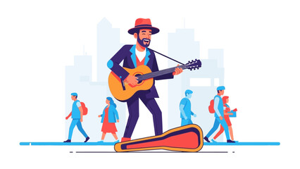 Street Musician's Melody: A busker strums a vibrant tune on his guitar, his music resonating amidst a bustling cityscape, inviting people to experience his music and enjoy his performance.