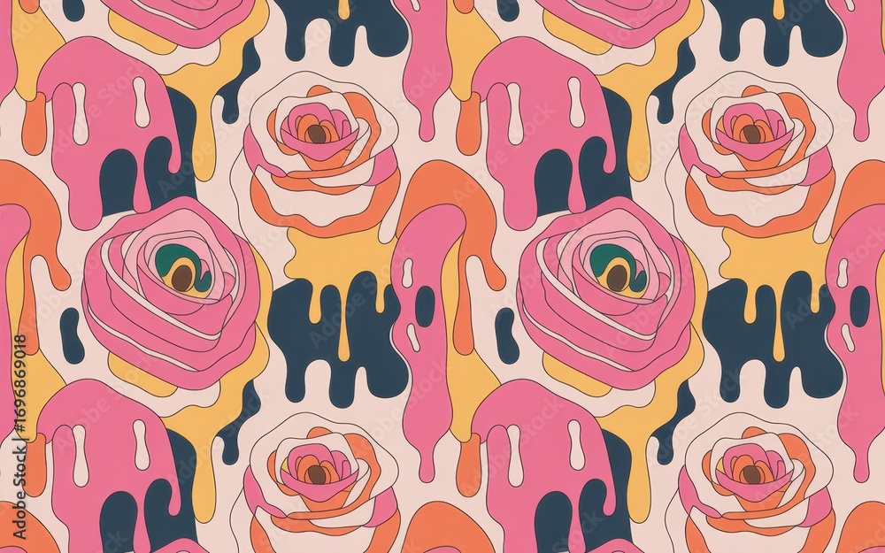 Poster floral fusion: a vibrant pattern of roses intertwined with abstract shapes and a colorful, dripping 