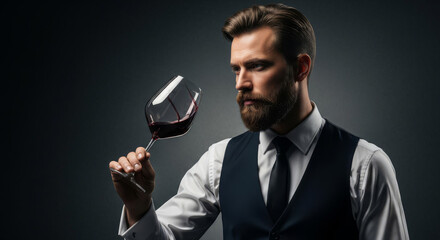 A sophisticated man with a beard, dressed in a vest and tie, intently examining a glass of red wine, with a dark, moody background suggesting a wine tasting or sommelier experience