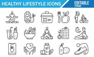 Vector outline icons set of food, exercise, and mindfulness habits