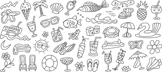 Obraz premium Summer vacation doodle icons and elements in black and white beach travel