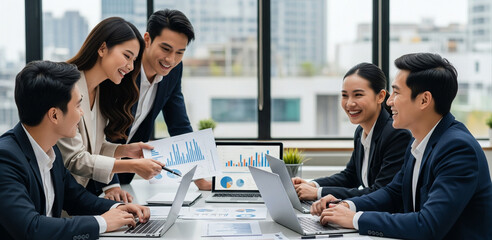 Young Asian business team working with laptops on financial documents with happy smiles. Group of business people meeting in a modern office Design and Concept Planning