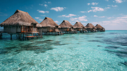 Thatched huts on stilts in the middle of a turquoise ocean under a bright sky