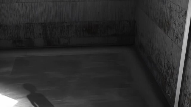 A mysterious shadow figure stands in a dimly lit, abandoned room with peeling walls