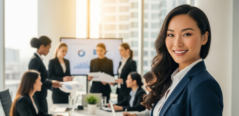 Successful asian business woman with magnificent long hair and there is business team at background. Image symbolizes a successful corporation or company where achieve success for intelligent and beau