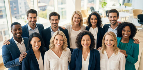 Group portrait of multicultural diverse businesspeople stand together look at camera posing in modern office show unity and support, smiling multiracial colleagues make team picture at workplace
