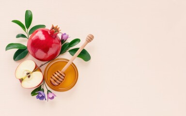 Rosh Hashanah Composition: A vibrant arrangement of seasonal fruits including a ripe pomegranate, a sliced apple, and honey with a dipper, set against a backdrop, all celebrating the Jewish New Year.