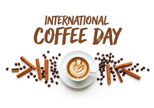 International coffee day celebration with latte art and cinnamon sticks isolated on white background