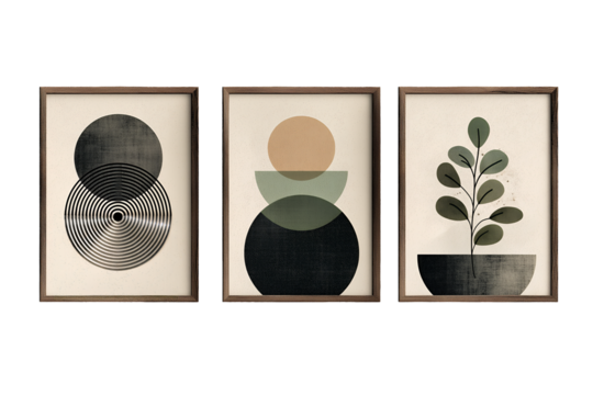 Framed minimal abstract geometric boho wall art illustration set isolated transparent background, png