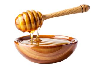 Golden honey dripping from wooden dipper into bowl isolated on a transparent background