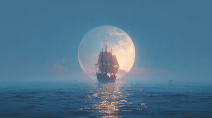 Sailing ship on calm sea with large full moon in background
