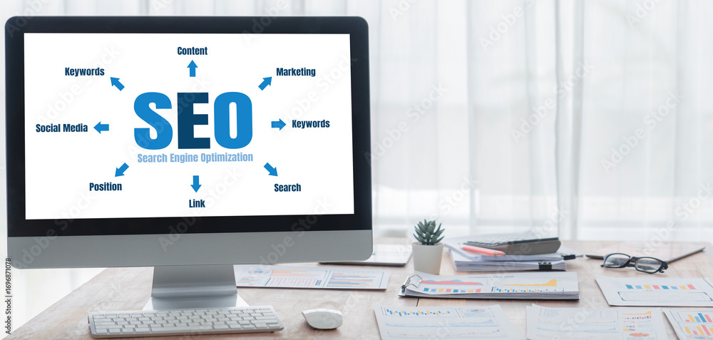 Poster seo search engine optimization for brisk e-commerce and online retail business showing on computer s