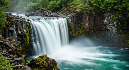 Obraz premium Powerful waterfall cascading over dark volcanic rock cliffs into a turquoise river surrounded by lush green forest, capturing the raw beauty and dynamic energy of untouched wilderness