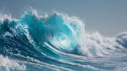 Powerful ocean waves with white foam cresting on a white background, panoramic banner format