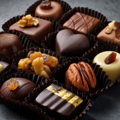 Assorted chocolates in a box with various toppings and decorations