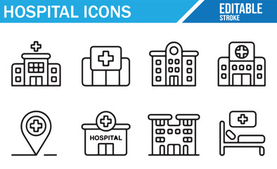 Editable stroke medical and emergency hospital icon collection