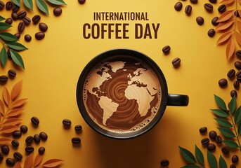 International coffee day celebration with a cup of coffee and beans
