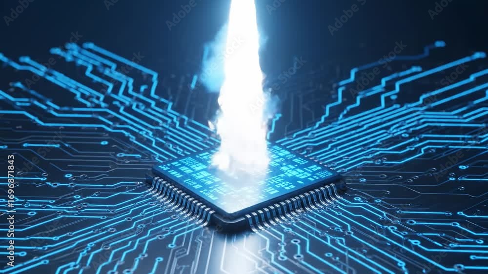 Poster Digital Rocket Launching from Microchip - A futuristic-style animation shows a rocket launching from a microchip set on a circuit board, symbolizing technological innovation and rapid growth.