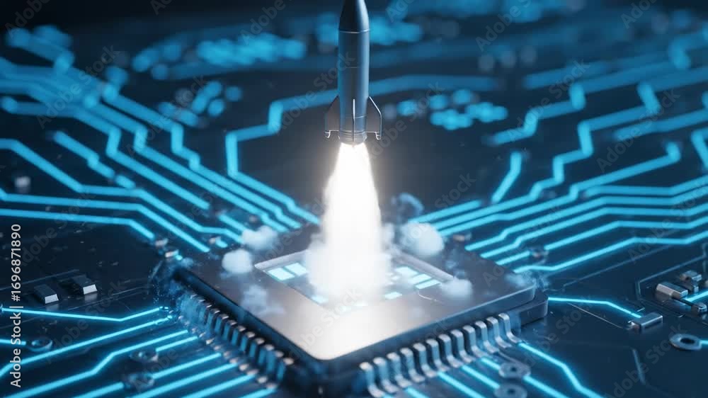 Poster digital rocket launch from microchip - a futuristic depiction of a rocket launching from a microchip