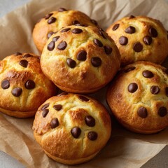 A close up of several chocolate chip muffins on a paper surface